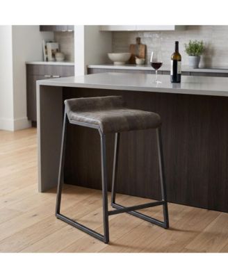 25" Leather and Iron Low Back Counter Height Bar Chair