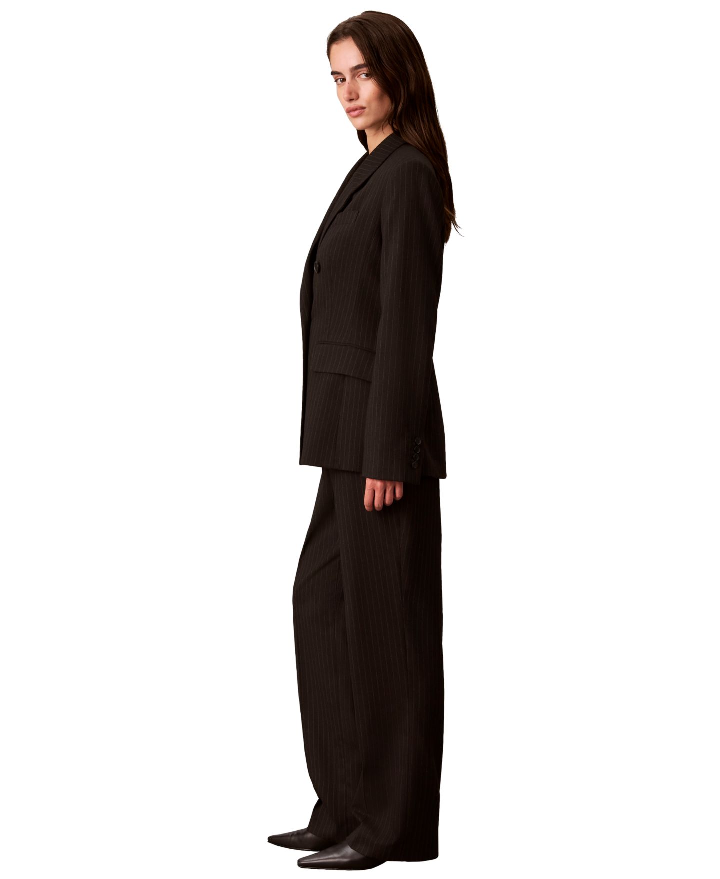 Женский пиджак Calvin Klein Double-Breasted Pinstripe Notch Collar Blazer, цвет: Чёрный / Седельно-коричневый — фото 3