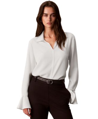 Women's Long-Sleeve Flutter-Cuff Keyhole Blouse