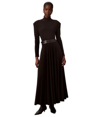 Women's Belted Long-Sleeve Turtleneck A-Line Dress