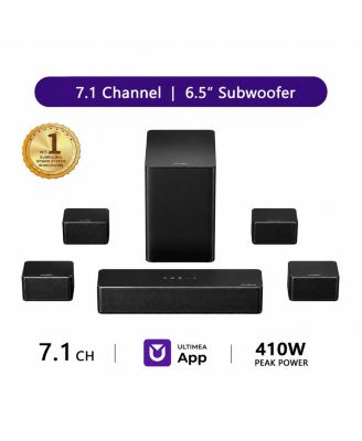 7.1ch Soundbar with Wireless Subwoofer, Surround Sound System for TV, App Control, 410W Peak Power, 4 Wired Surround Speakers, Poseidon D70