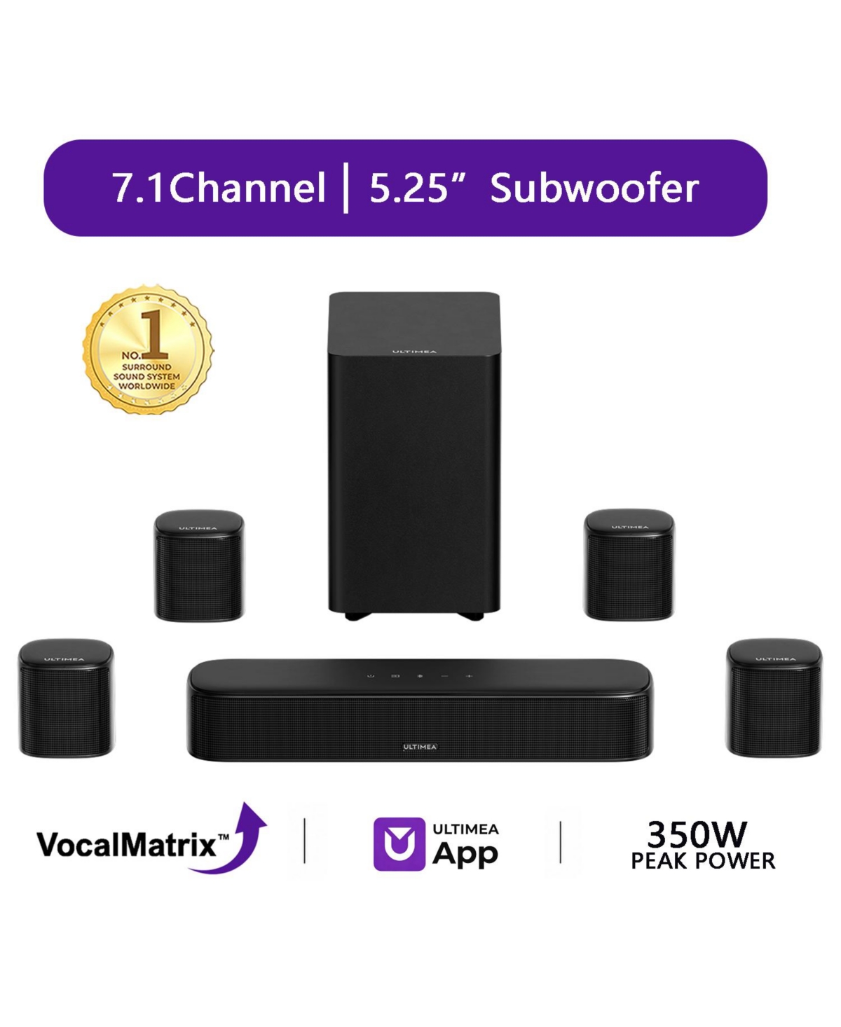 Ultimea Aura S4T 7.1-Channel Surround Sound System Soundbar with Surround Speakers and Subwoofer - Black