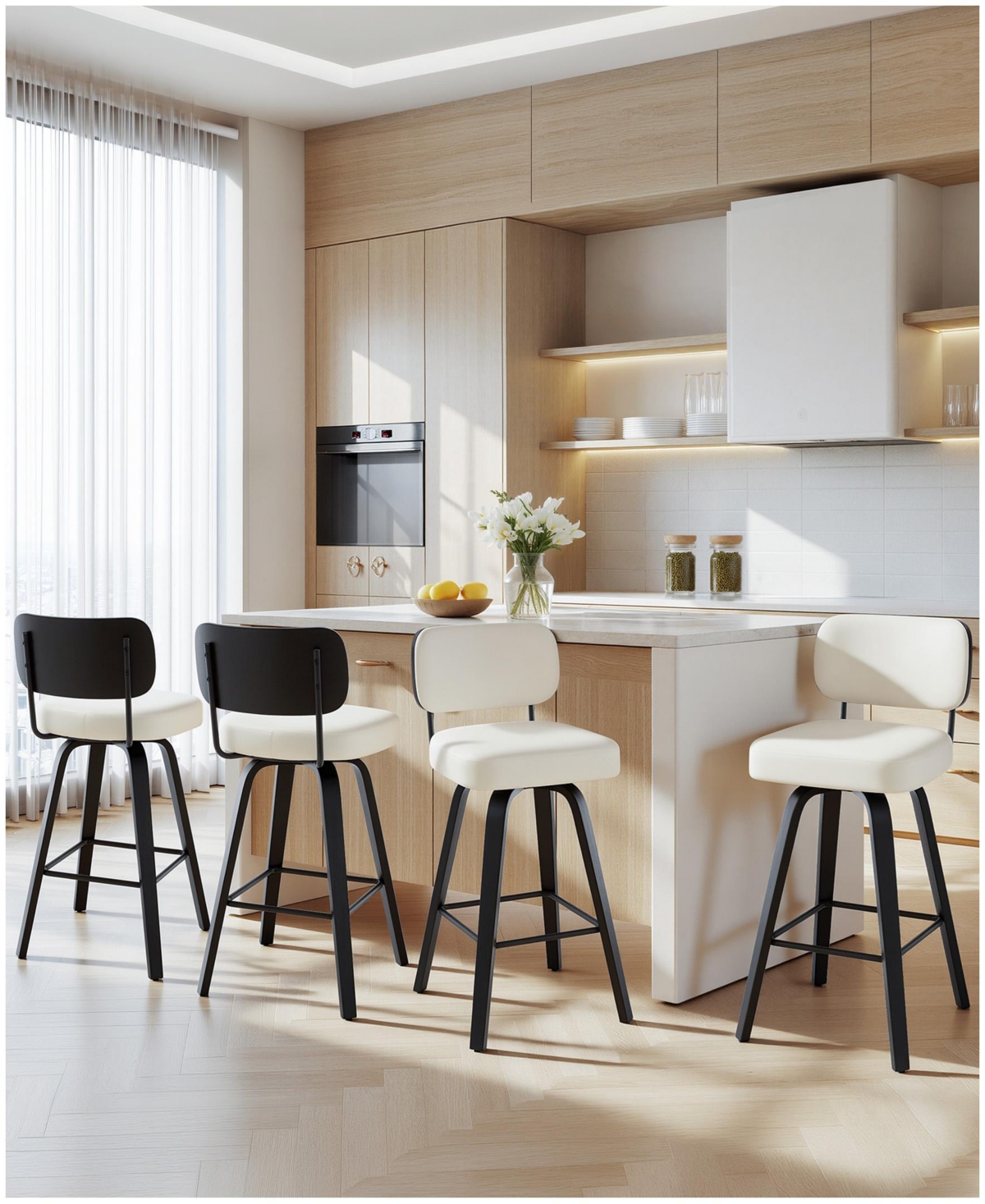 Bekrvio 26" Mid-Century Swivel Counter Height Bar Stools, Faux Leather Kitchen Stools - Pu white