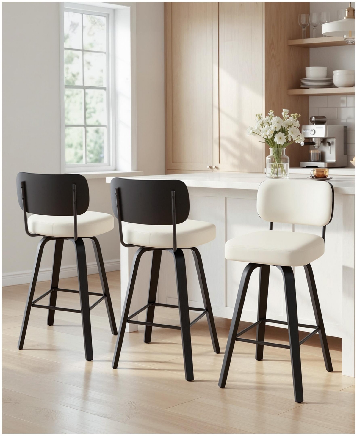 Bekrvio 26" Mid-Century Swivel Counter Height Bar Stools, Faux Leather Kitchen Stools - Pu white