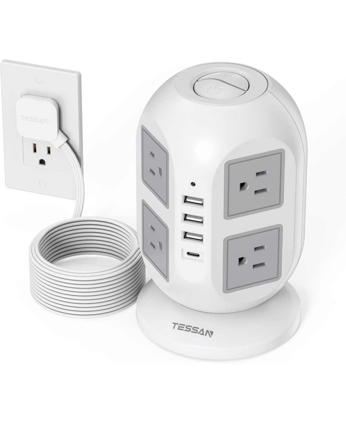 Tessan Tower Power Strip 8 Ac Outlets, 4 Usb Ports (Usb-c), 10-Foot Cord for North American Plugs