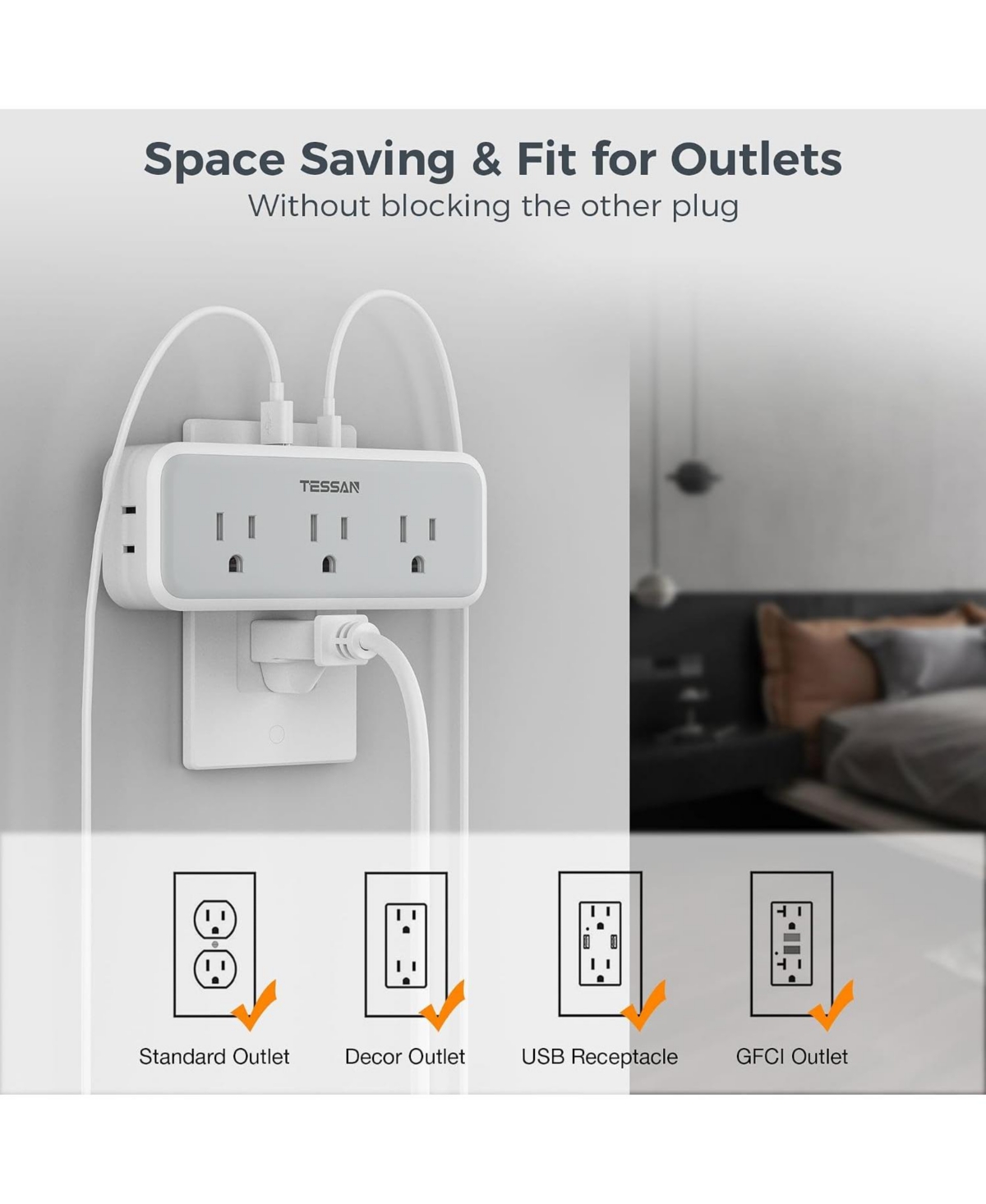Tessan Wall Outlet Extender with 5 Ac Outlets and 3 Usb Ports