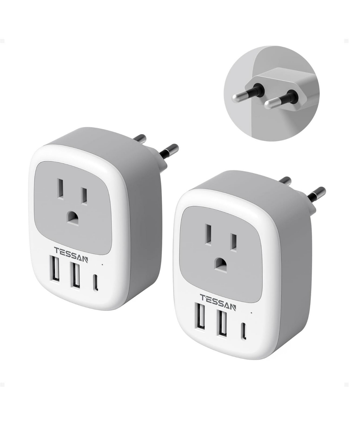 Tessan 2-Pack European Travel Plug Adapter with 3 Usb Ports, Type C