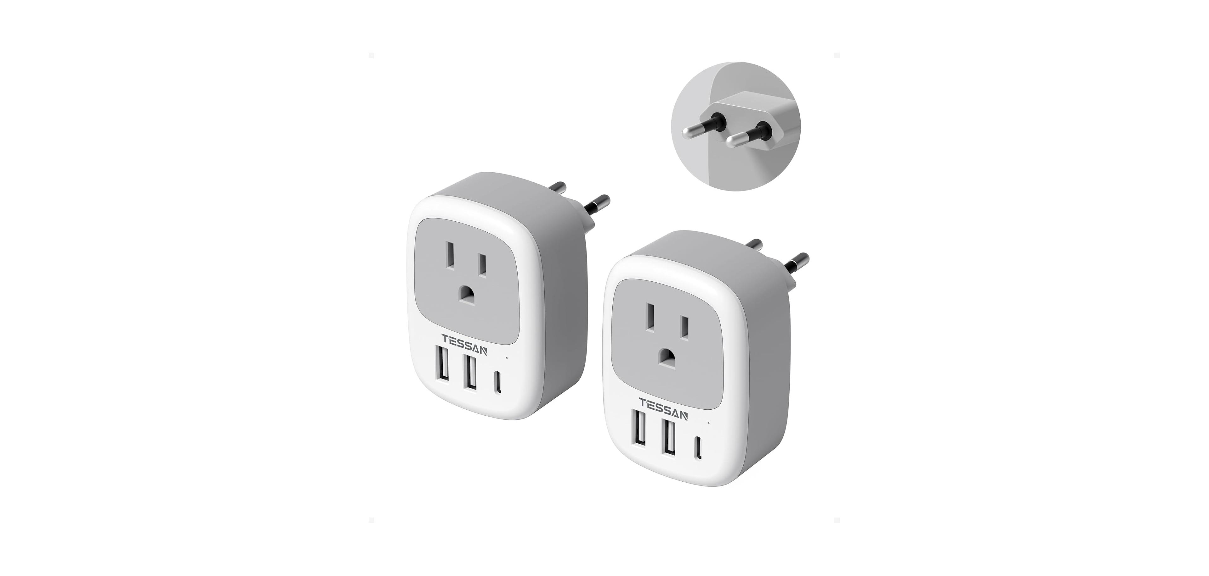 Tessan 2-Pack European Travel Plug Adapter with 3 Usb Ports, Type C