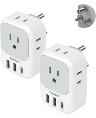 Type D India Travel Plug Adapter with 4 Outlets and 3 USB Ports, 2-Pack