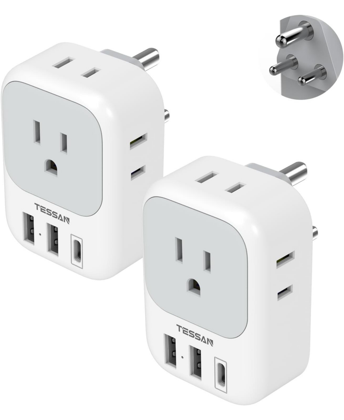 Tessan Type D India Travel Plug Adapter with 4 Outlets and 3 Usb Ports, 2-Pack