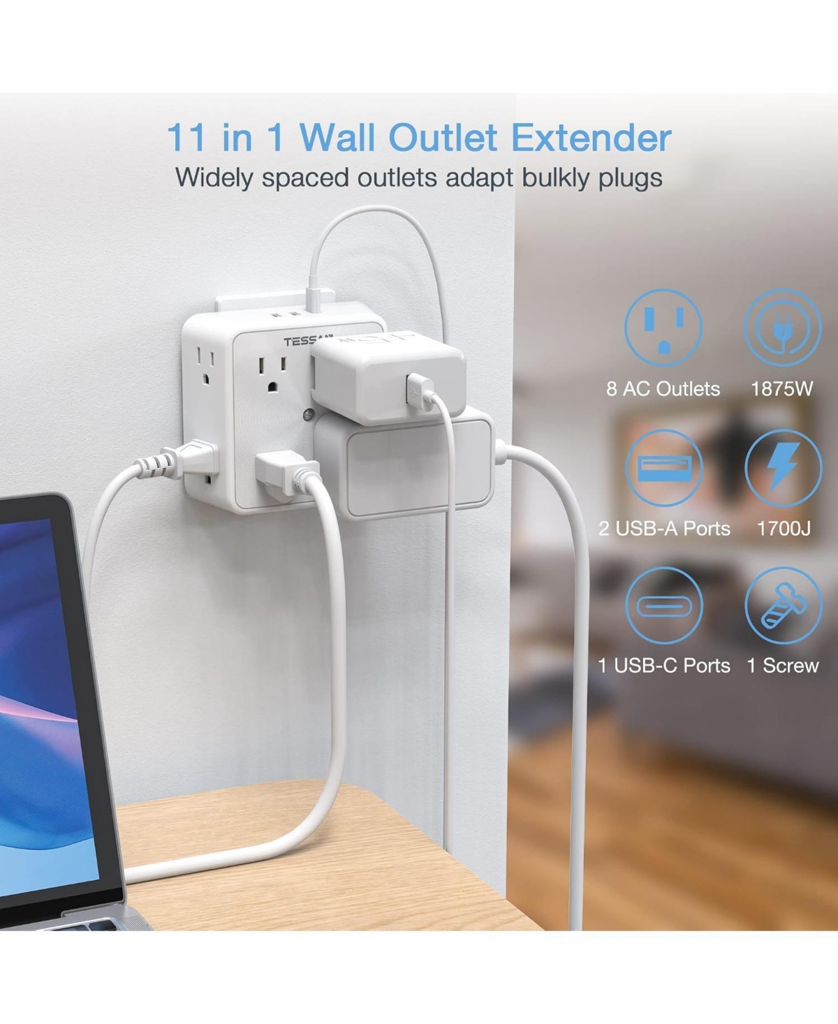 Tessan 8-Outlet 3-usb-Port (1 Usb-c) Wall Charger with 1700J Surge Protection for North American Plugs