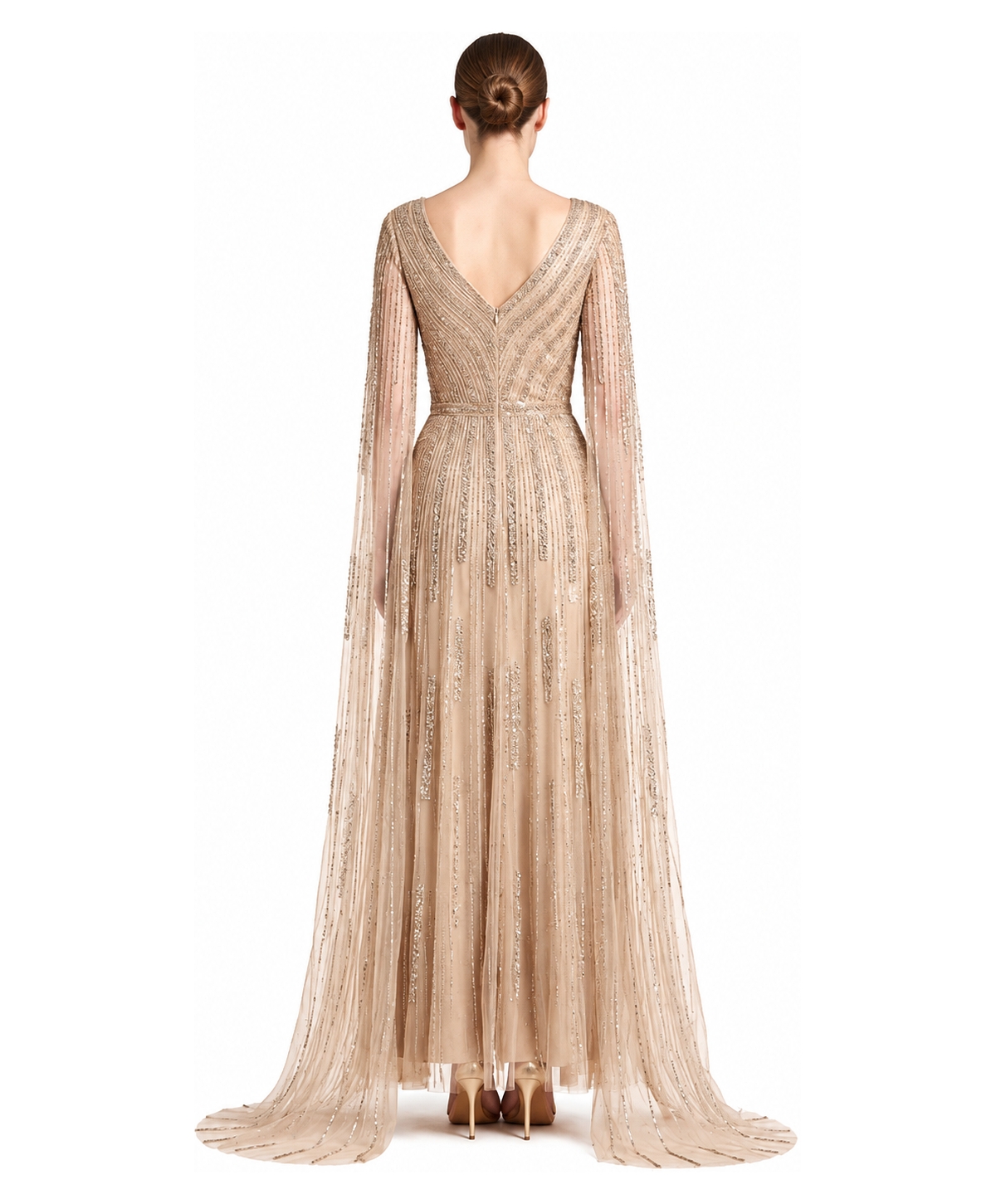 Lara Women's V-Neck Beaded Long Cape-Sleeve Dress