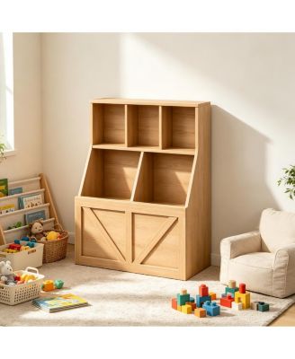 Kids Toy Storage Organizer and Bookshelf, Farmhouse Wood Cabinet with Open Cubbies and Bins, Anti Tip Safety Design