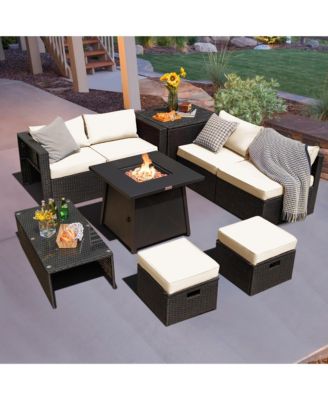 9Piece Patio Rattan Furniture Set Fire Pit Space saving