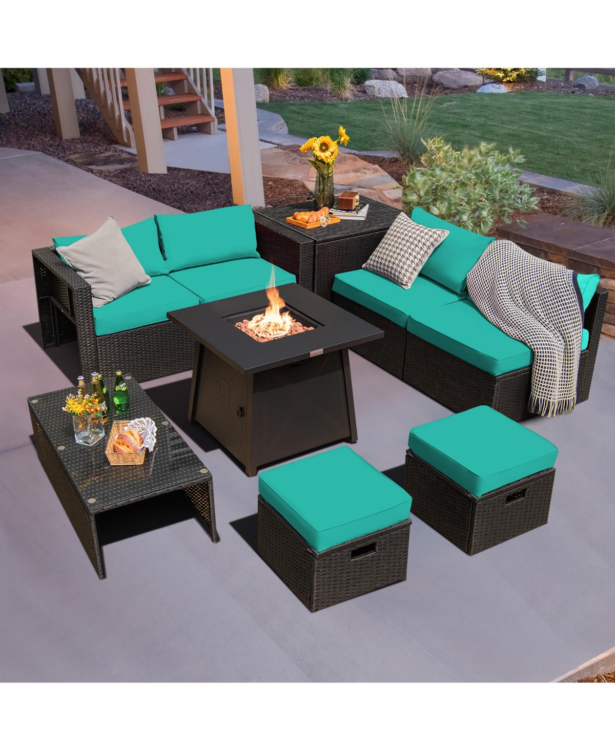 Costway 9Piece Patio Rattan Furniture Set Fire Pit Space saving - Turquoise/aqua