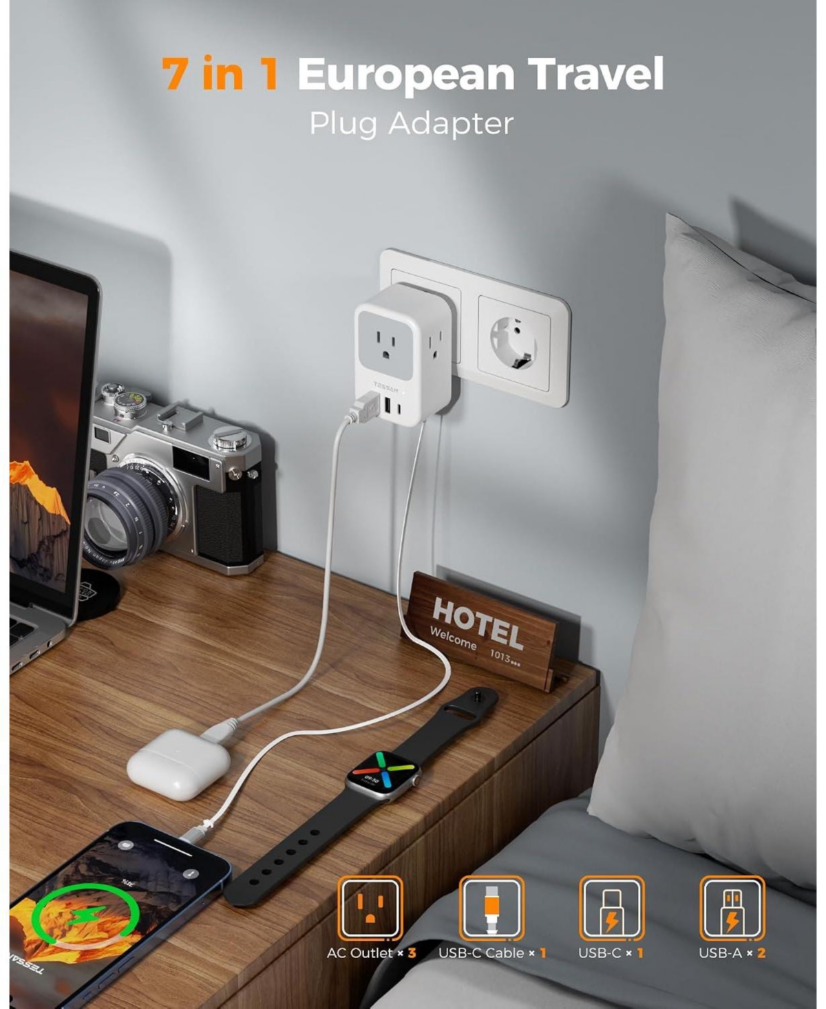Tessan European Travel Plug Adapter with Retractable Usb-c Cable, 2-Piece Set