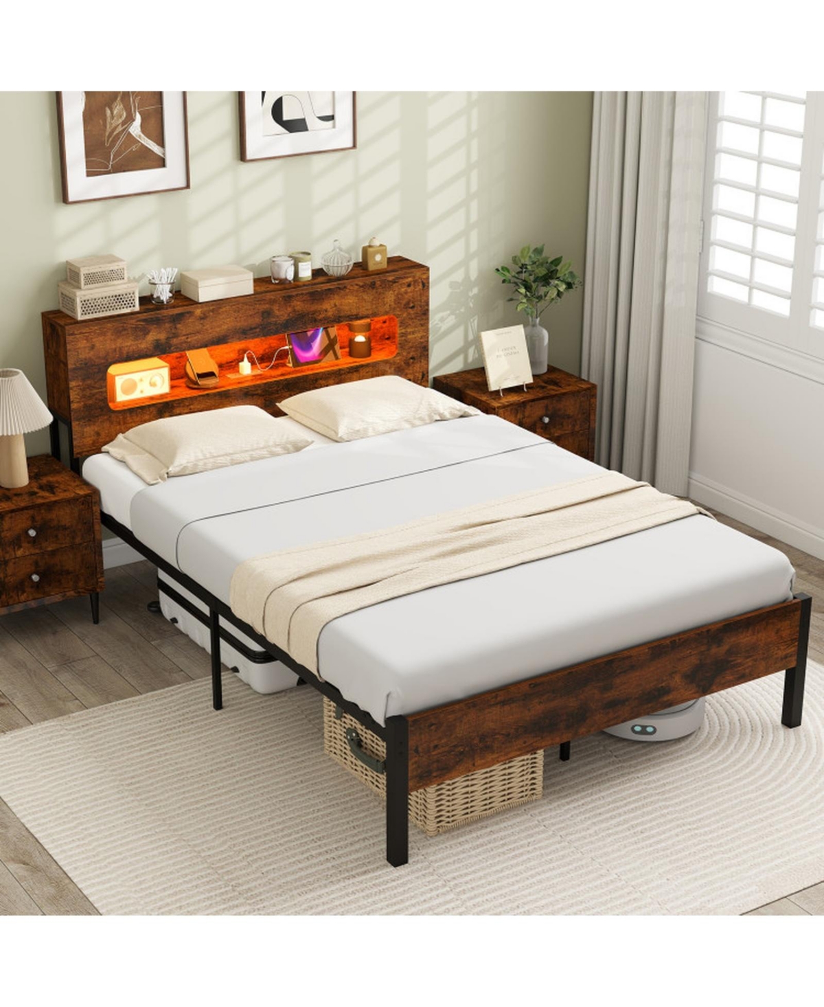 Sugift Full Size Slatted Bed Frame with Led Lights Storage Headboard and Charging Station