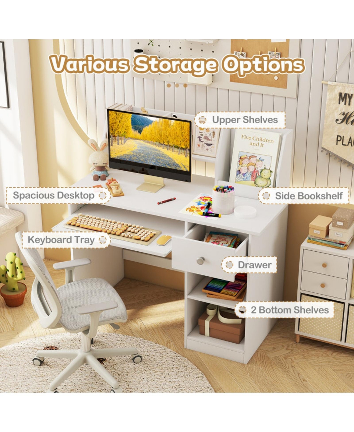 Sugift Kids Study Desk Writing Table with Hutch Drawer Shelves Keyboard Tray 35.5in x 18in x 35.5inch