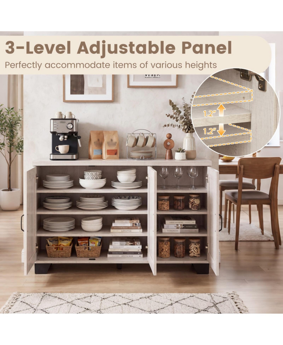 Gouun 3-Door Buffet Sideboard with Adjustable Shelves and Anti-Tipping Kits