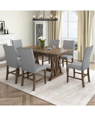 Mid-Century Solid Wood 7-Piece Dining Table Set Extendable Kitchen Table Set with Upholstered Chairs and 12" Leaf for 6