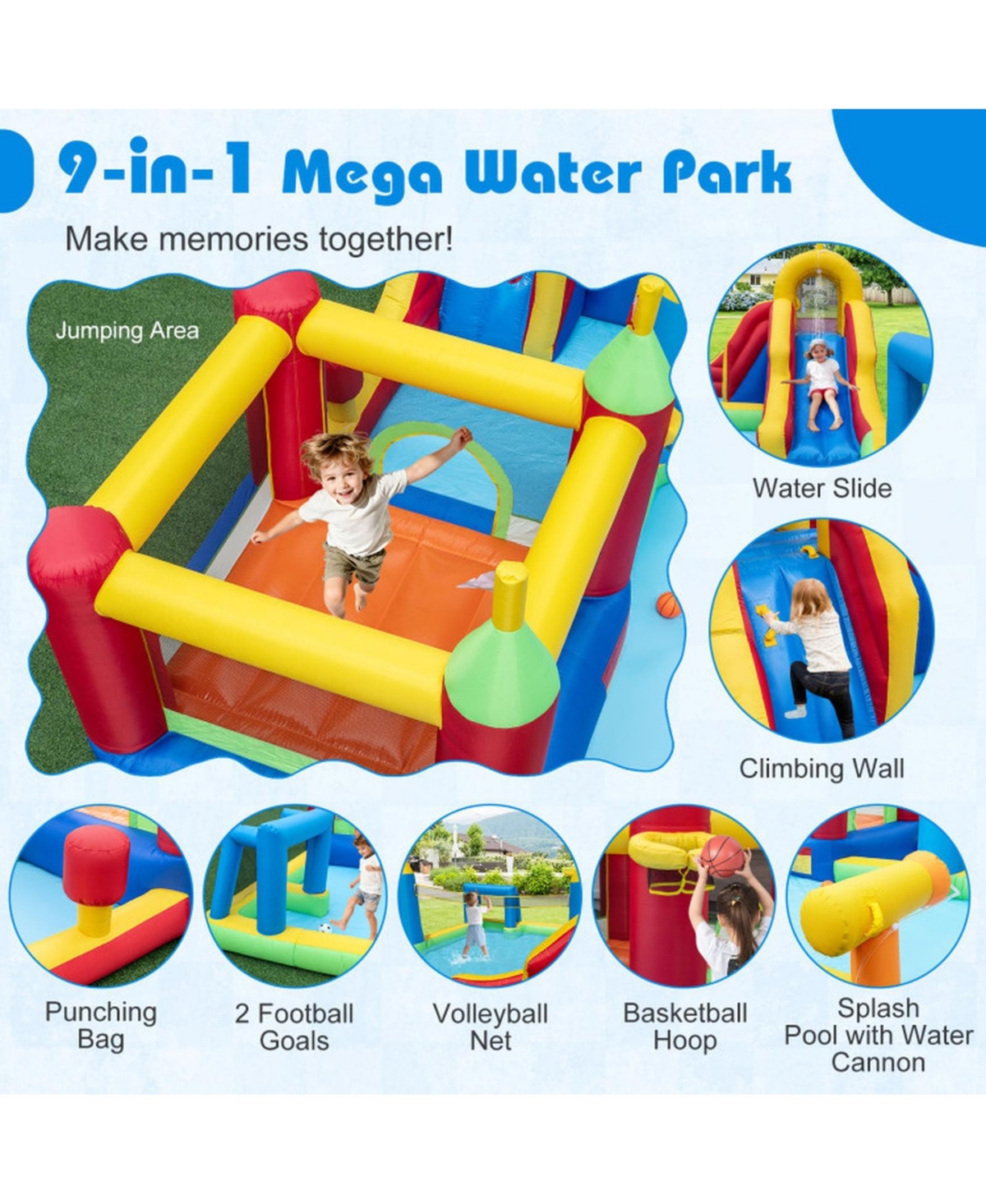Hongge 9-in-1 Inflatable Water Slide Bounce House, Ages 3–12
