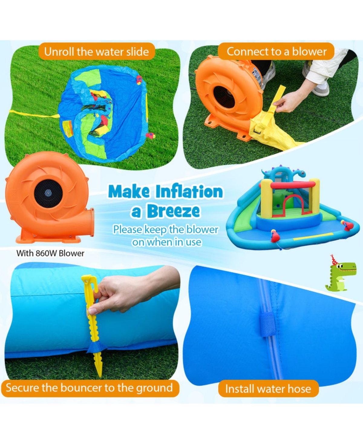 Hongge Dinosaur-Themed Double-Slide Inflatable Bounce House with Splash Pool, 158" x 136" x 82.5", For 3 Players, Ages 3-10