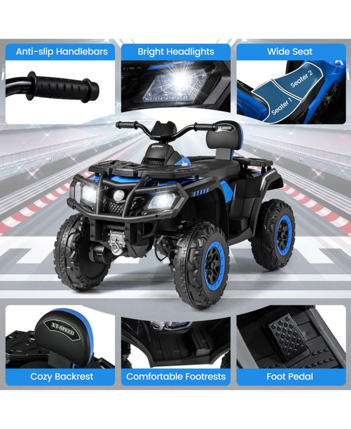 Детская игрушка HONGGE 24V 2-Seater Kids Ride-On ATV with Four Motors and LED Lights, Ages 3-8, цвет: Тёмно-синий — фото 4