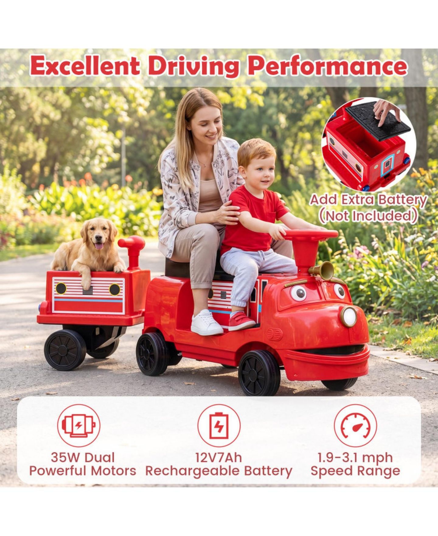 Детская игрушка HONGGE 12V Ride on Train 3-Seater with Detachable Carriage, Seats 3, Ages 3+, цвет: Красный / Чёрный — фото 7