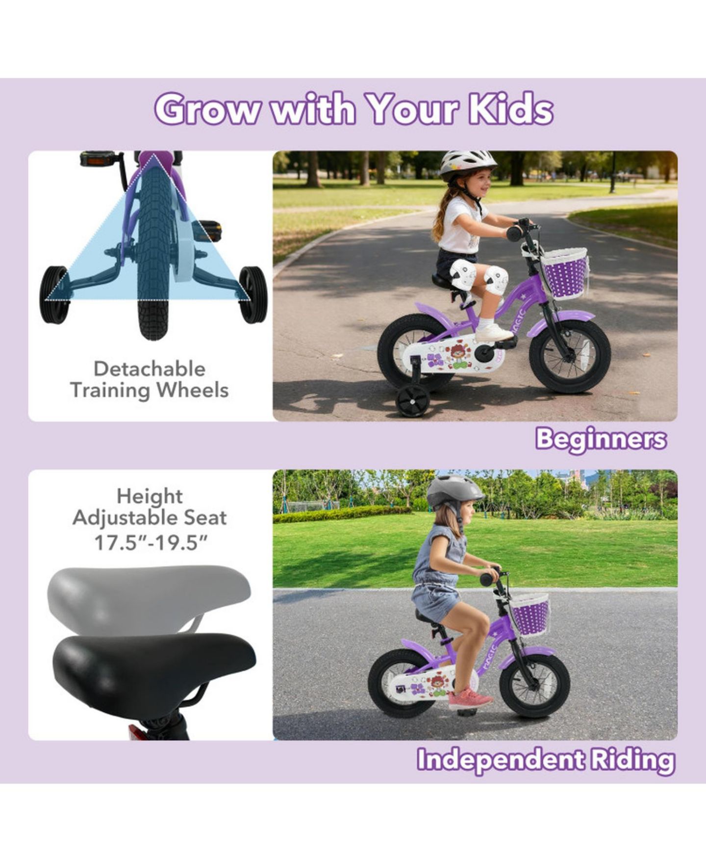 Детская игрушка HONGGE 12-Inch Kids' Bike with Detachable Training Wheels and Adjustable Seat, 110 lbs Capacity, Ages 3–8, цвет: Фиолетовый — фото 5