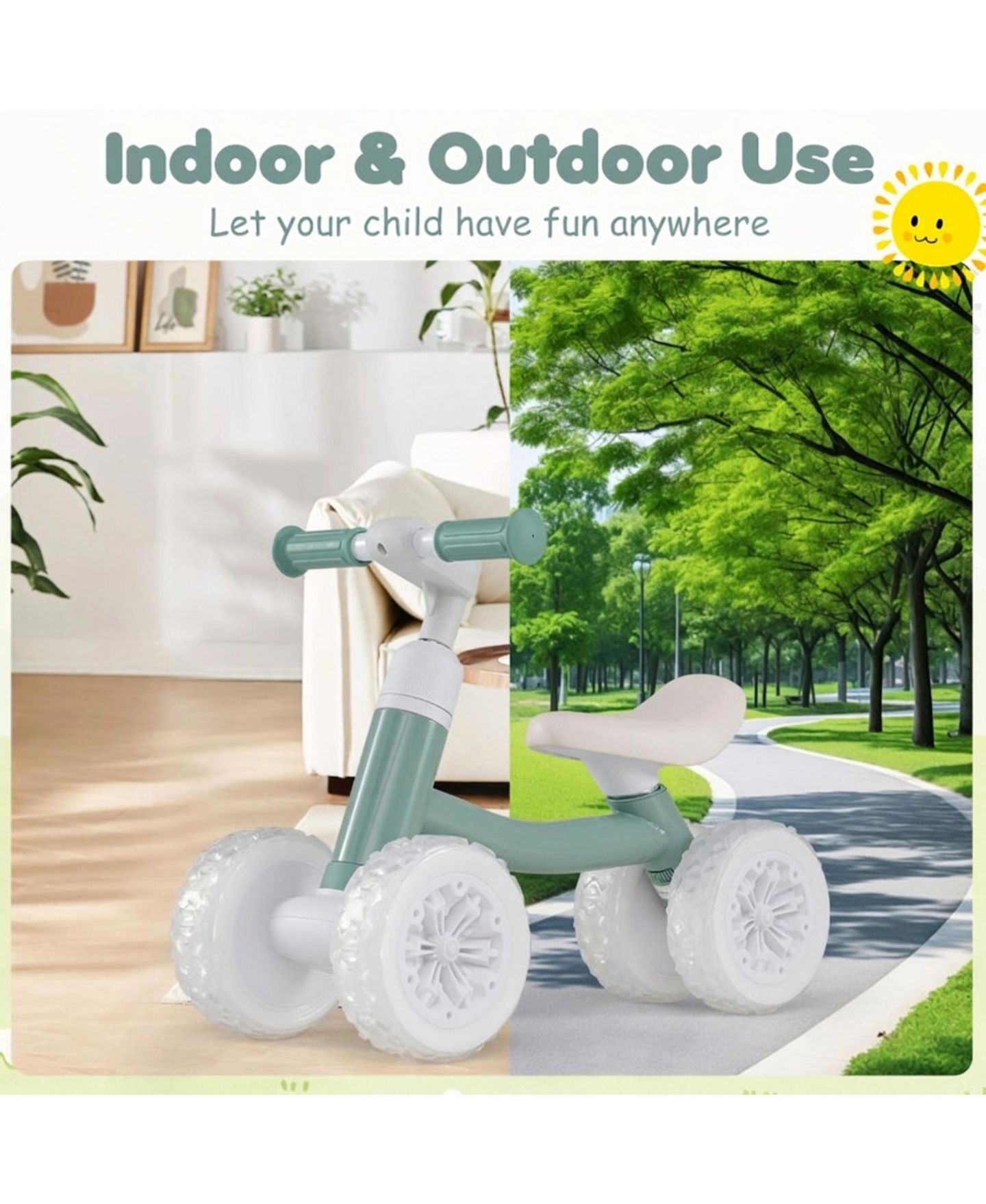 Детская игрушка HONGGE Baby Balance Bike with Light-Up Wheels and Adjustable Seat and Handlebar, 55 lb. Capacity, Ages 1-3, цвет: Зелёный — фото 5