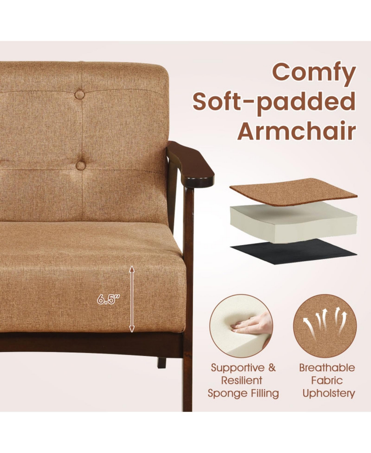 Sugift Rubber Wood Frame Accent Chair with Armrests for Living Room