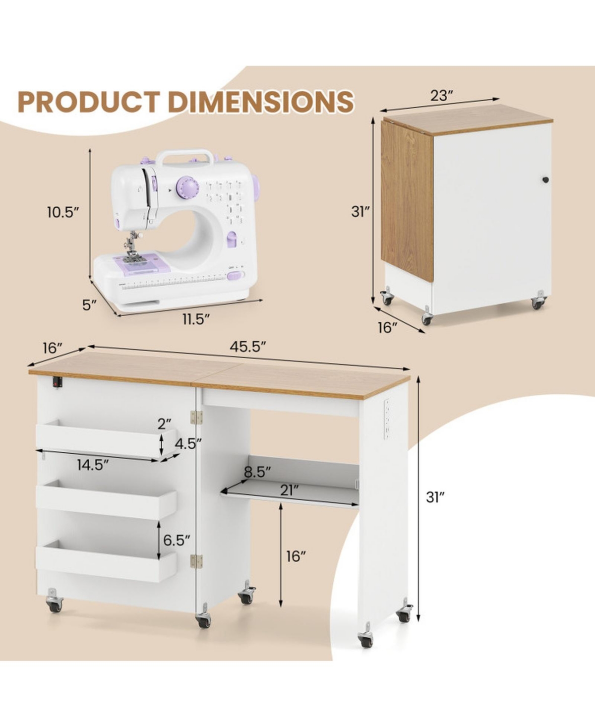 Sugift Foldable Sewing Machine Table with Charging Station and Lockable Casters 45.5 x 16 x 31 inch