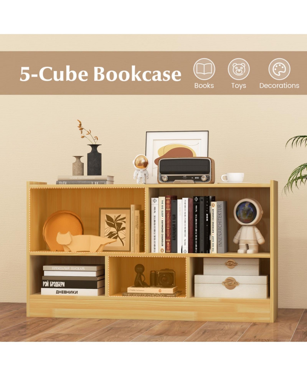Gouun Kids 2-Shelf Bookcase 5-Cube Wood Toy Storage Cabinet Organizer