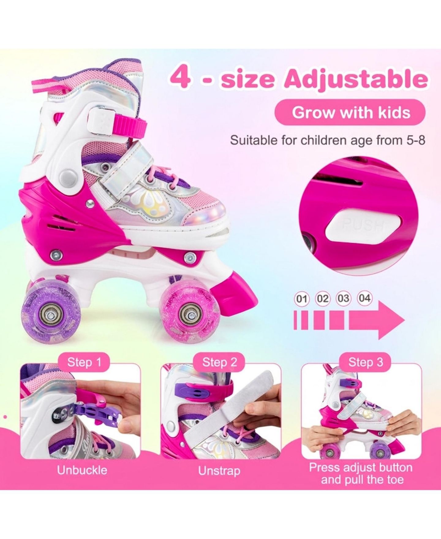 Детские игрушки HONGGE 4-Size Adjustable Kids Quad Roller Skates with Light-Up Wheels, Ages 5-8, цвет: Розовый красный — фото 6