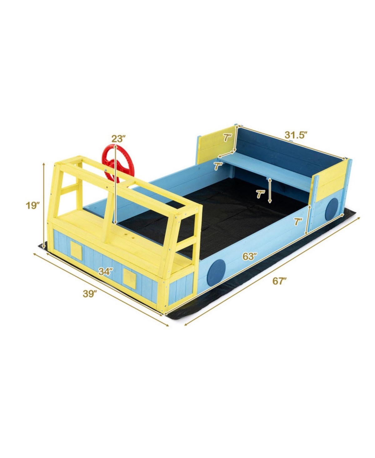 Hongge Fire Truck Wooden Sandbox, 63" x 34" x 23", Foldable Bottom Liner, Seats 2, Ages 18 Months+