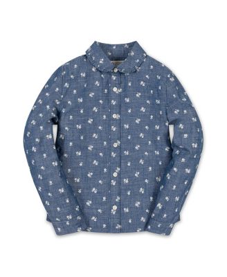 Girls' 4-16 Chambray Peter Pan Collar Puffed Long-Sleeve Blouse