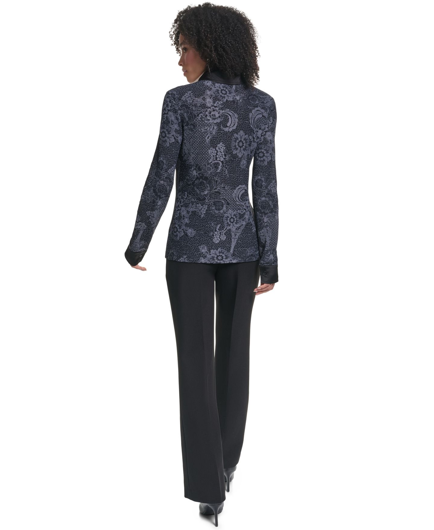 Женская блузка KARL LAGERFELD PARIS Petite KL2008 Long-Sleeve Button-Up Point Collar Blouse, цвет: Чёрный / Графитовый меланжевый — фото 6