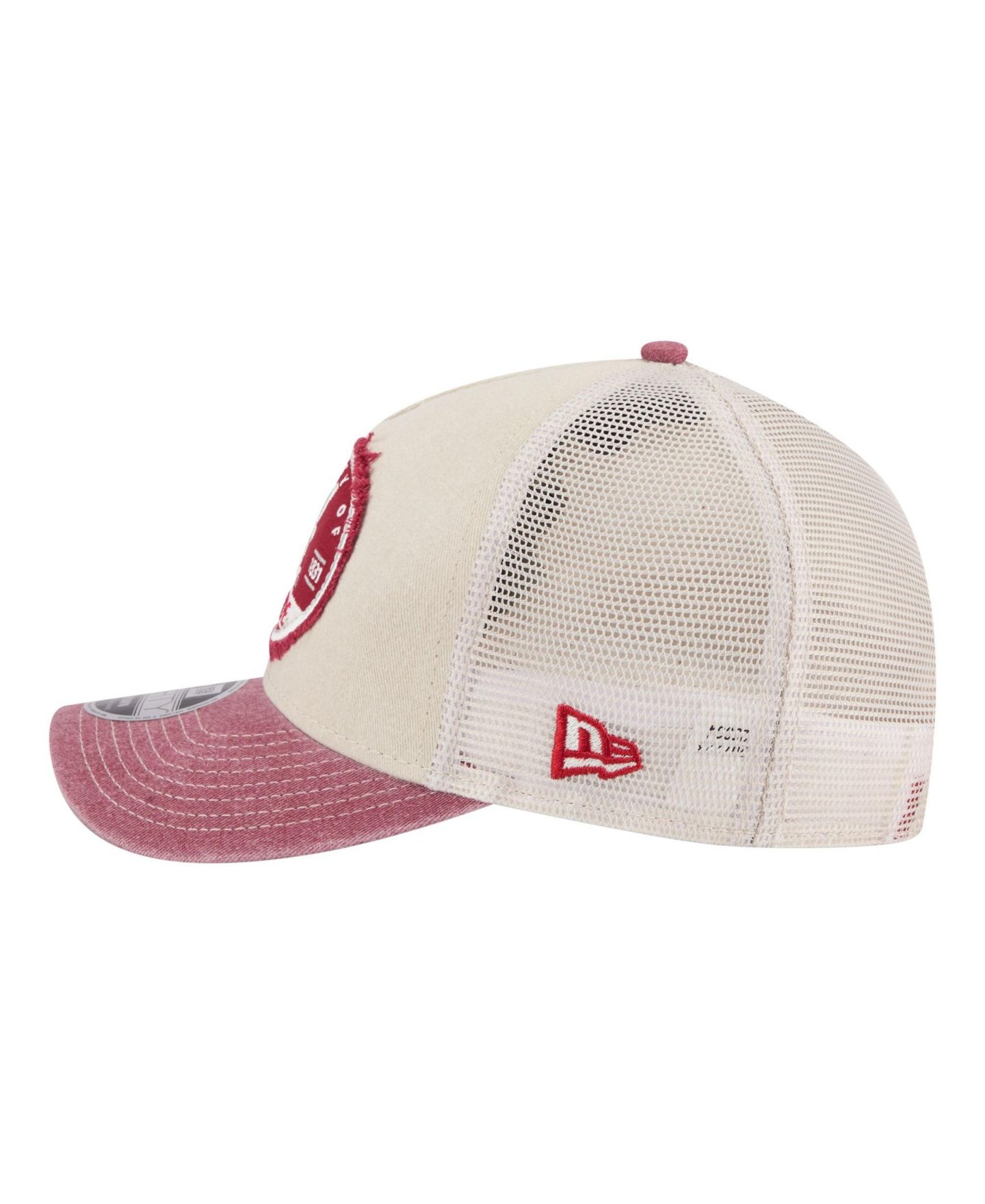 Мужская кепка New Era Stone/Crimson Alabama Crimson Tide Frayed Patch 9FORTY M-Crown A-Frame Trucker Adjustable Hat — фото 4