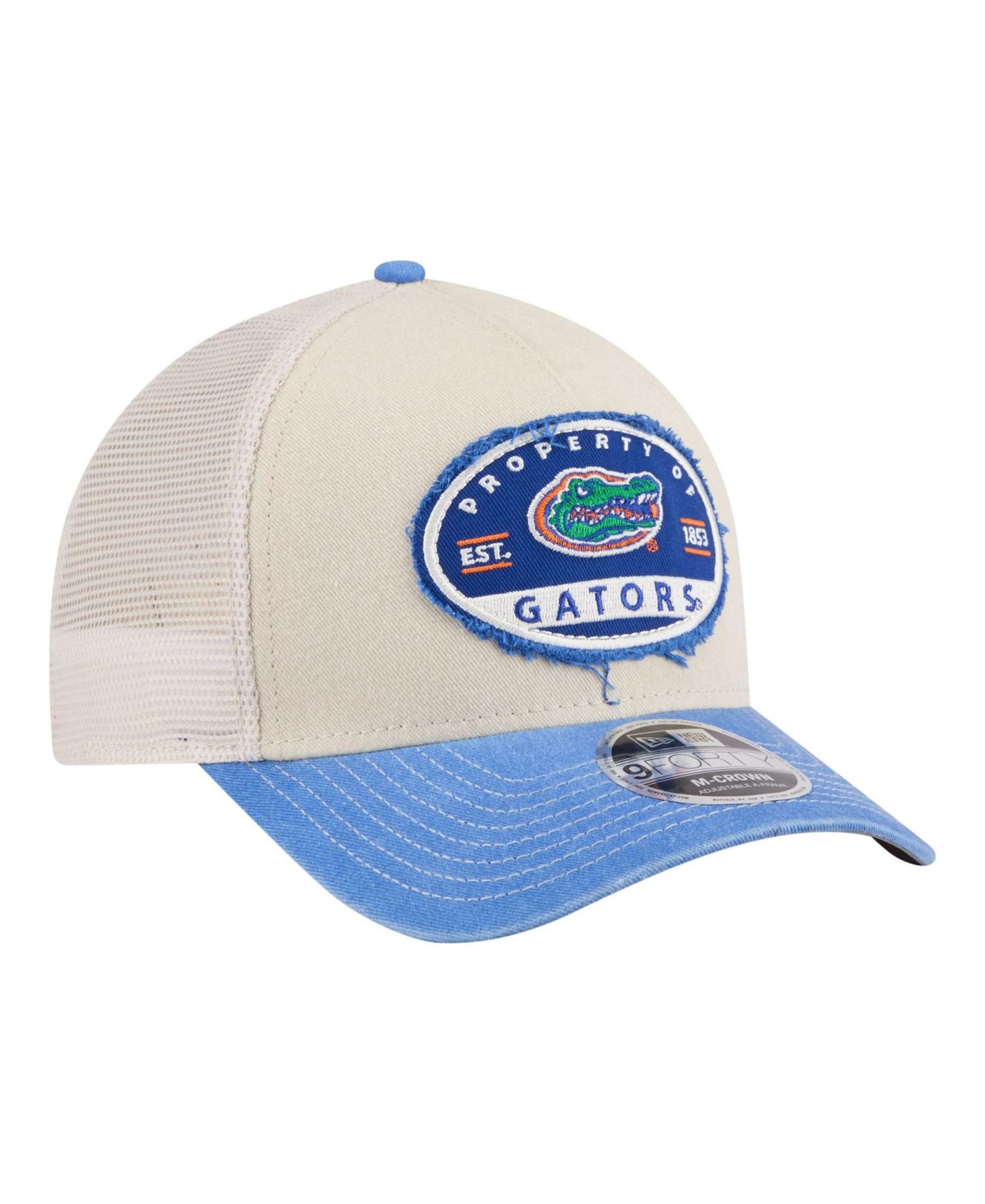 Мужская кепка New Era Stone/Royal Florida Gators Frayed Patch 9FORTY M-Crown A-Frame Trucker Adjustable Hat — фото 3