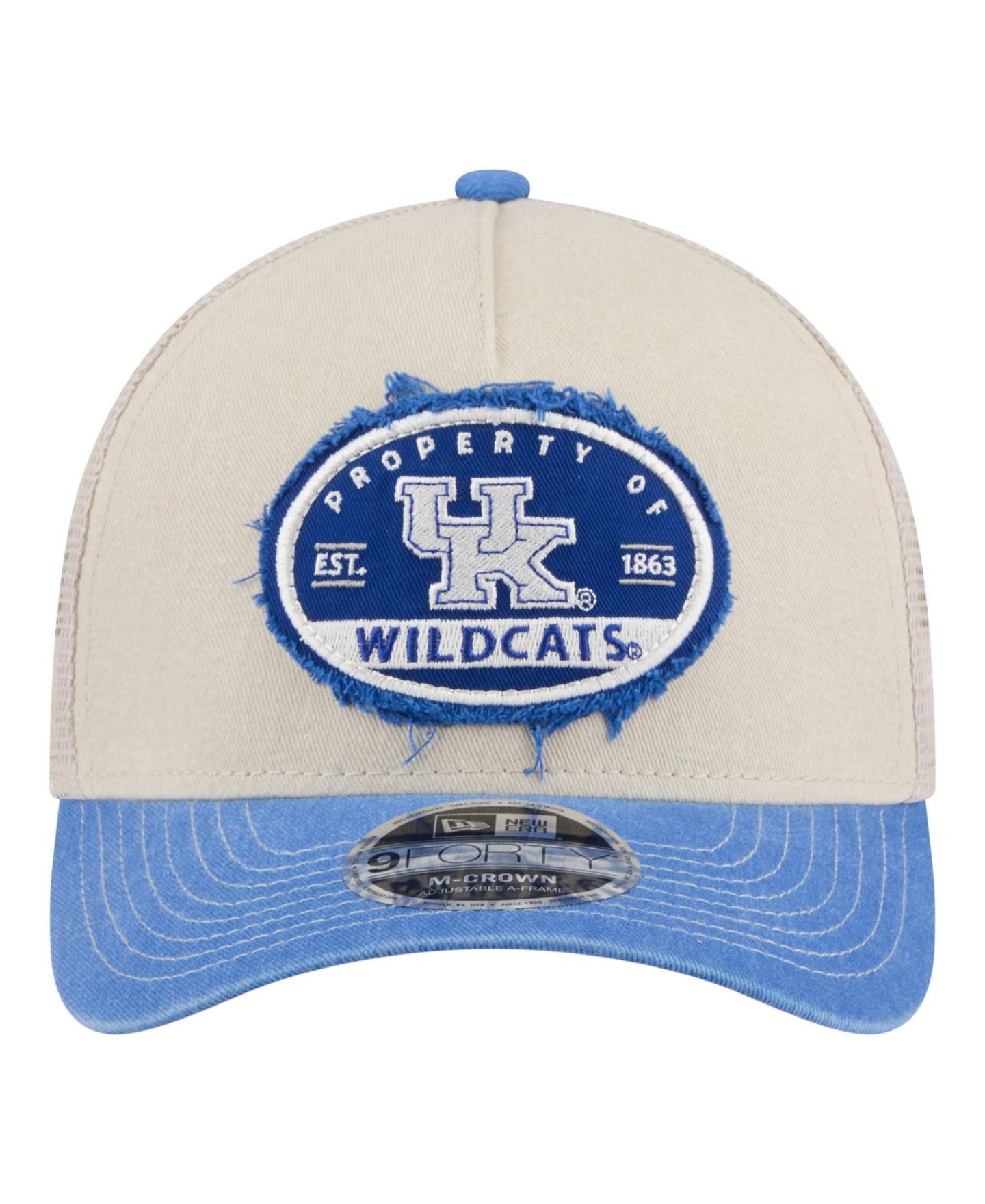 Мужская кепка New Era Stone/Royal Kentucky Wildcats Frayed Patch 9FORTY M-Crown A-Frame Trucker Adjustable Hat — фото 2