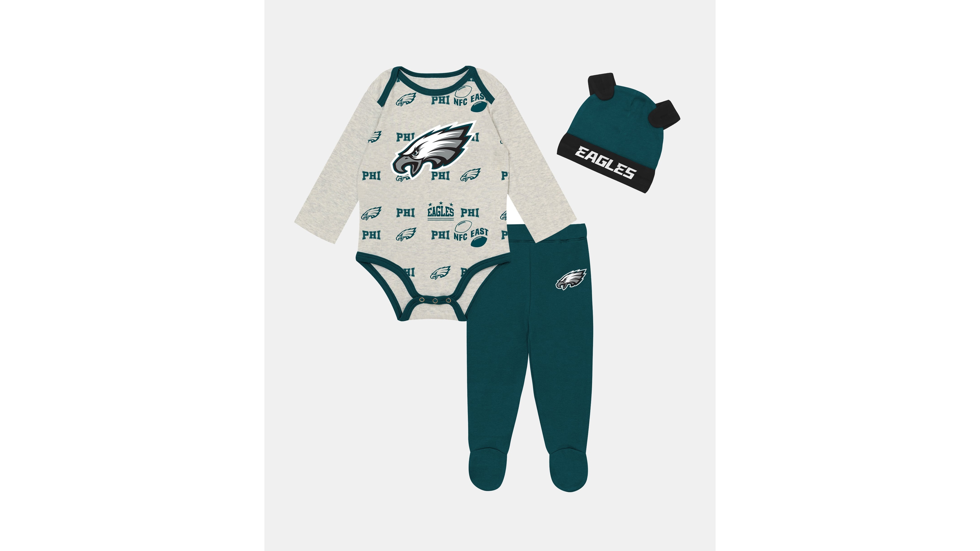 Outerstuff Baby Boys and Girls Heather Gray Philadelphia Eagles Huddles Giggles 3-Piece Pant Hat Set