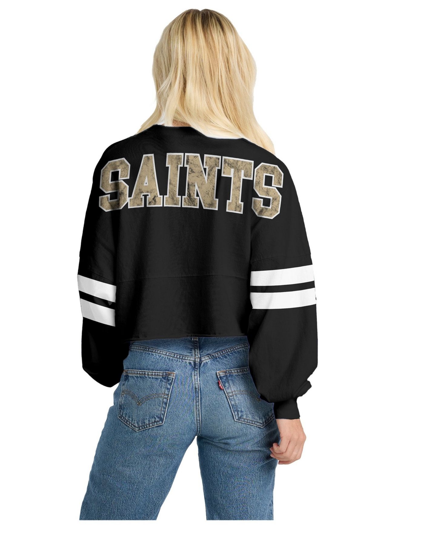 Женская футболка Spirit Jersey Black New Orleans Saints Oversized Cropped Stripe Long Sleeve — фото 2