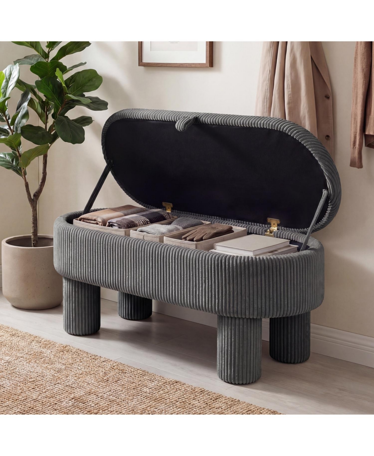 Sugift 42 Inches Storage Ottoman Bench Corduroy Upholstered Footstool with Hidden Compartment