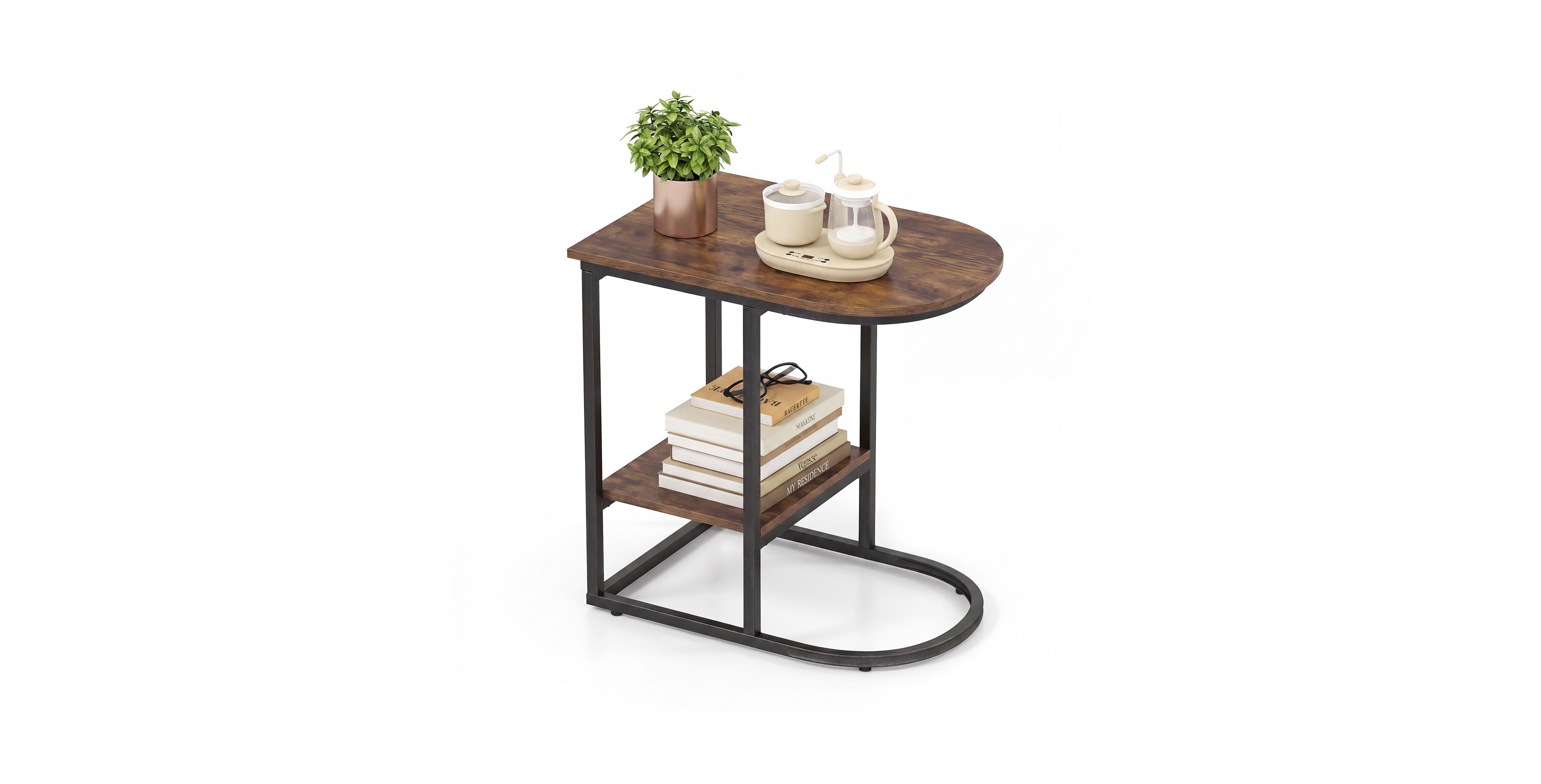 Costway C-shaped Side Table 2-Tier End Table with Storage Modern Compact Snack Table