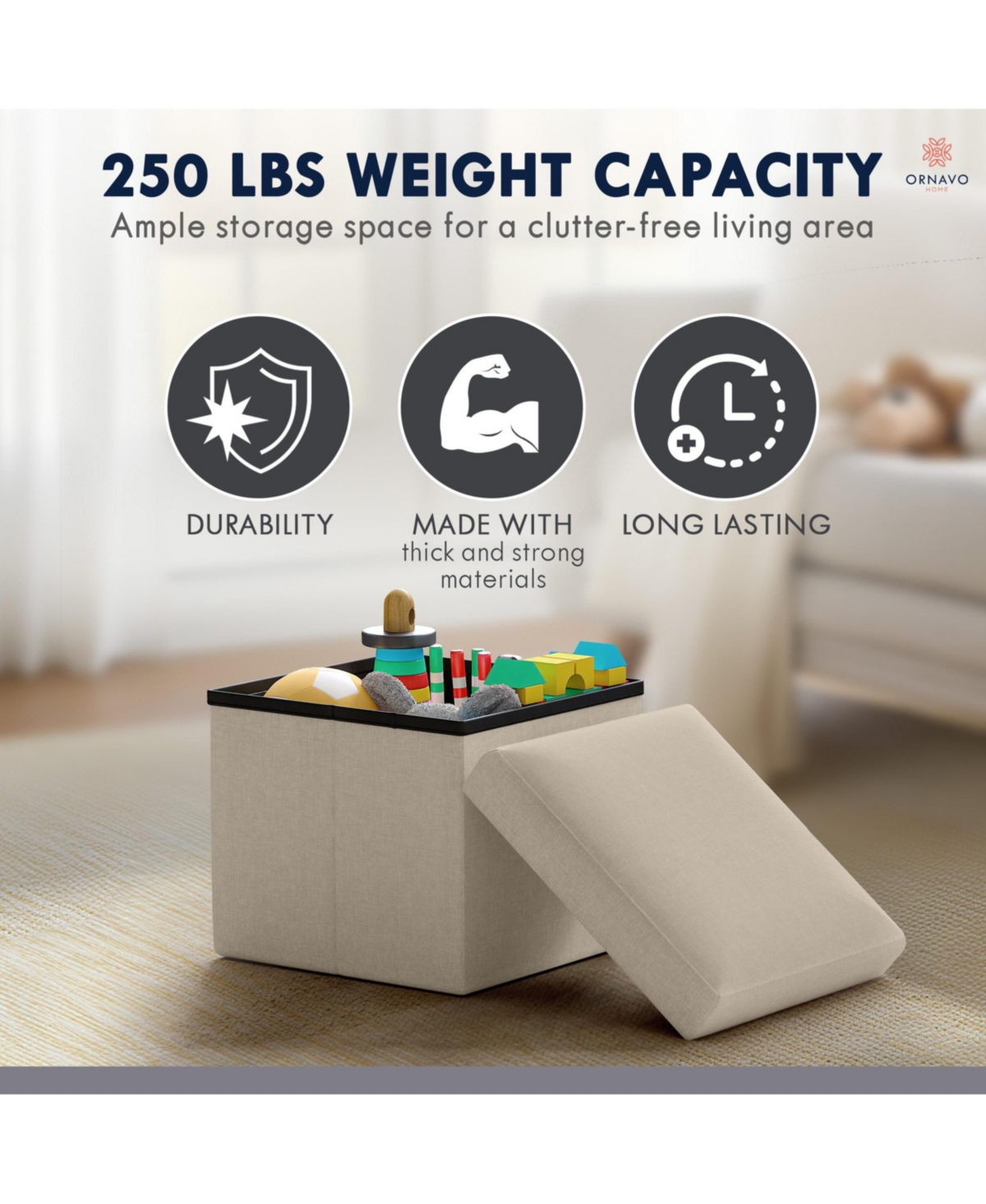 Ornavo Home 2 Pack 12" Small Square Collapsible Storage Ottoman, Foot Stool, Seat