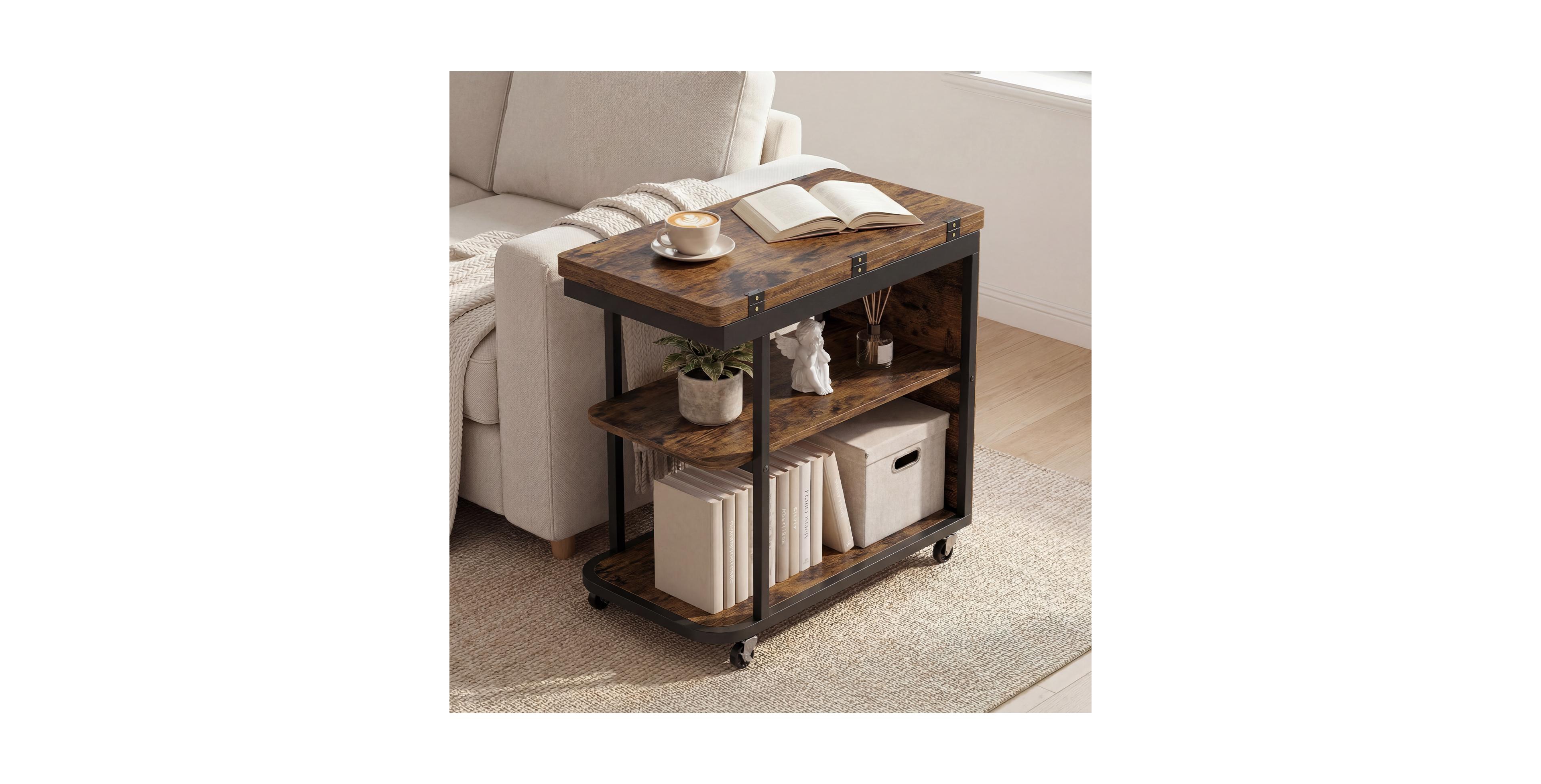 Costway Sofa Side Table, Mobile Night Stand with Foldable Swivel Top 