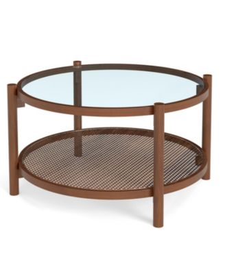 31 Inch Round 2-Tier Coffee Table with Tempered Glass Top and Rattan Shelf