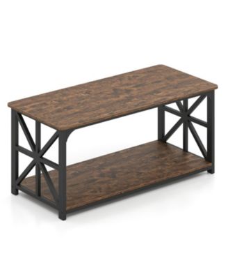 43 Inch 2-Tier Coffee Table with X-Shaped Carbon Steel Frame