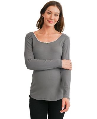 Maternity Long-Sleeve Scoop-Neck Lace-Trim T-Shirt