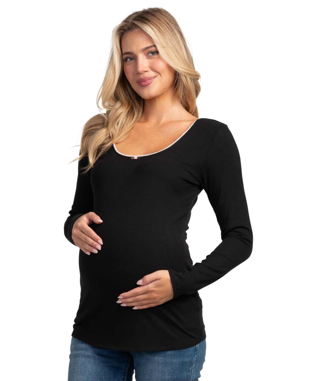 Hello Miz Maternity Long-Sleeve Scoop-Neck Lace-Trim T-Shirt